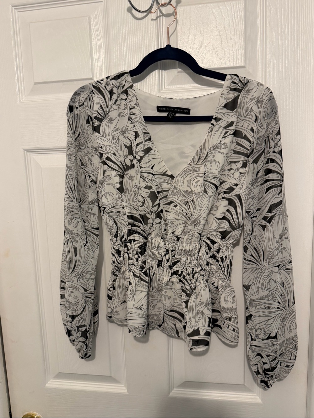 White House Black Market WHBM Peacock Tropical Botanical Print Peplum Blouse XS